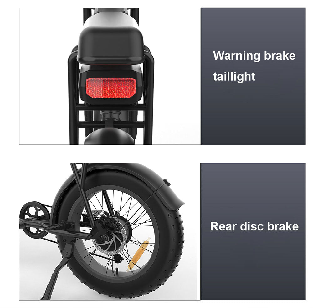 Elektrokolo YAMALI FXH-006, motor 350 W, baterie 48 V 18 Ah, tlusté pneumatiky 20*4 palce, maximální rychlost 40 km/h, dojezd 50 km, Shimano 7 rychlostí, přední a zadní mechanické kotoučové brzdy, Shimano 7 rychlostí, LCD displej - černé