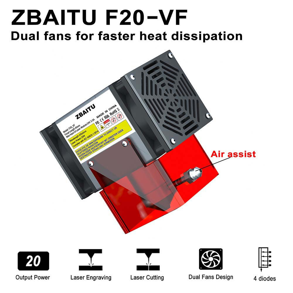 Laserový modul ZBAITU F20-VF 20W, vzduchová asistence, pevné zaostření, bod 0,08x0,08 mm, přesnost 0,01 mm, dva ventilátory