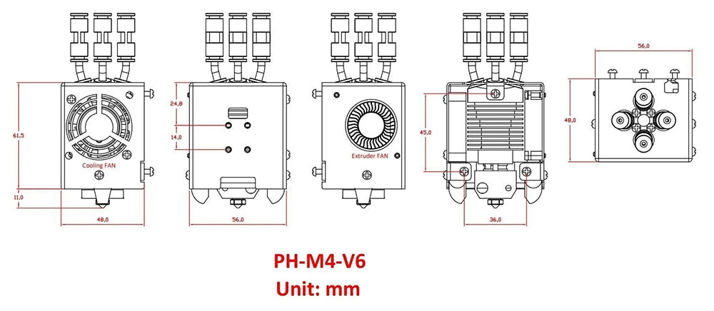 ZONESTAR M4V6 4-v-1-výstupní Mix Color Hotend sestava, s čtyřbarevnou tryskou tiskové hlavy, pro 3D tiskárnu řady Z9V5